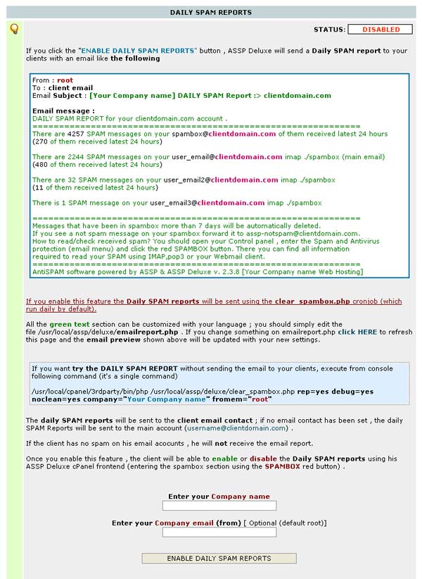 ASSP Deluxe cPanel frontend 2.4.0 - clear_spambox.php over 50% faster - clear_spambox.php supports the new feature DAILY SPAM REPORTS (new)